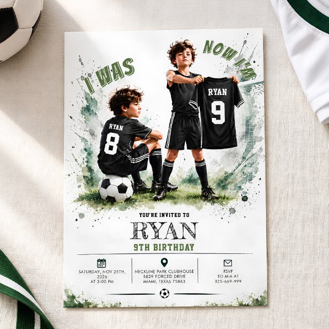 Invitation J'avais 8 ans maintenant j'ai 9 ans Soccer Anniver (Créateur téléchargé)