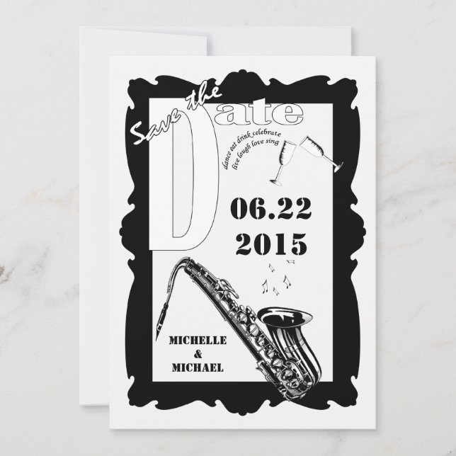 Invitation Jazz Style Rétro Faire Part de Mariage Noir Blanc (Devant)