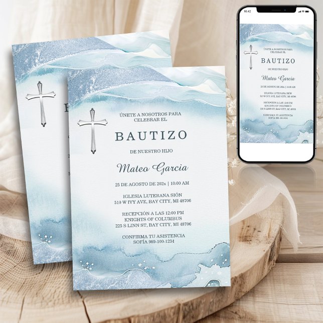 Invitation Je baptise Niño Azul Cruz (Créateur téléchargé)