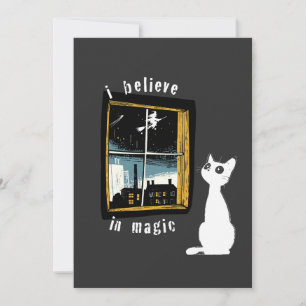 Invitation Je crois en la magie Chat blanc vintage Linogravur