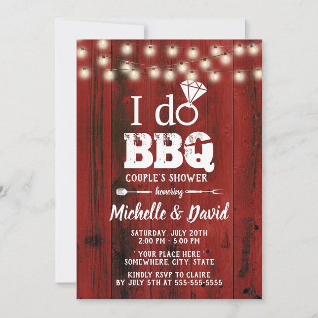 Invitation JE FAIS BBQ Couples Douche Rustique Rouge Grange B (Devant)