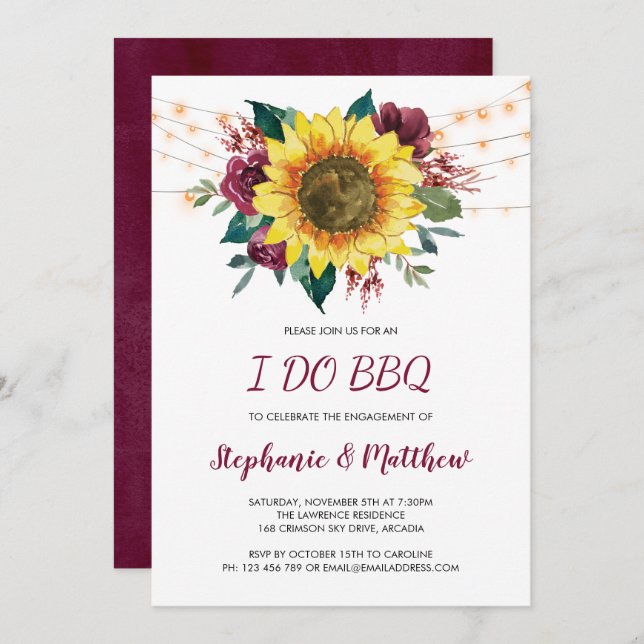 Invitation Je fais BBQ Rustic Sunflower Lumières Fiançailles (Devant / Derrière)