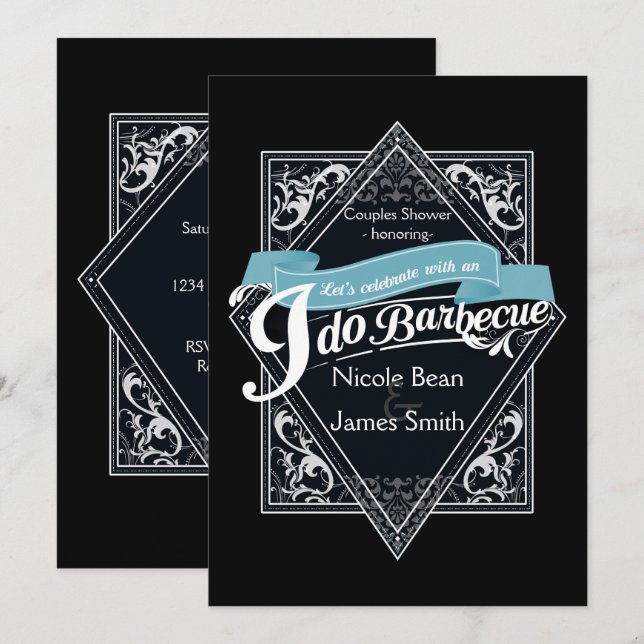 Invitation JE FAIS DU BARBECUE BBQ Élégant Mariage Noir & Bla (Devant / Derrière)