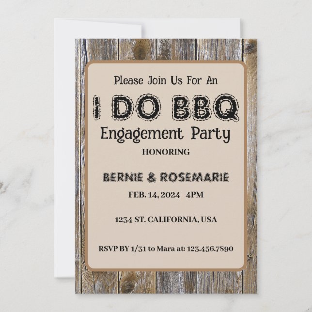 Invitation JE FAIS DU BBQ Élégant Bois Rustique Fête de Fianç (Devant)
