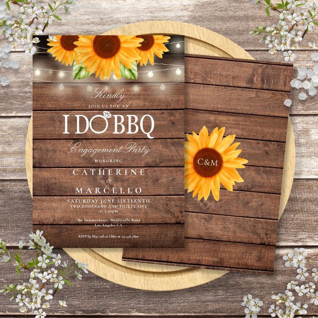 Invitation Je fais du BBQ Fête de fiançailles en bois rustiqu (I Do BBQ Sunflower Rustic Wood Engagement Party Invitation)