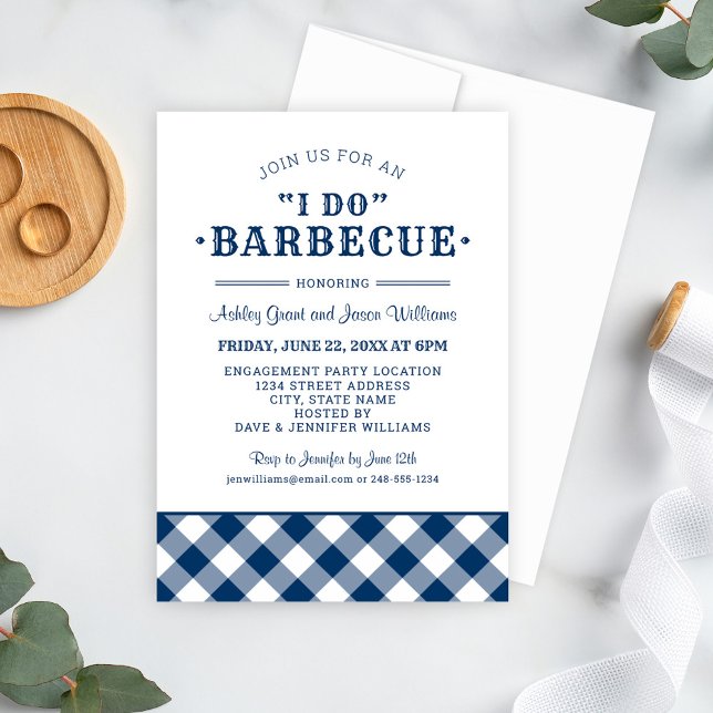 Invitation Je fais du BBQ Navy Blue Gingham Fiançailles (Créateur téléchargé)