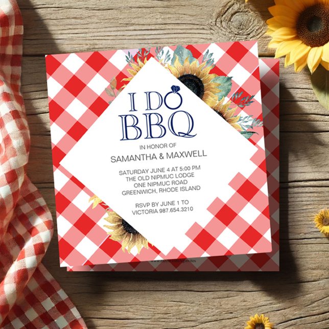 Invitation Je fais partie de l'engagement BBQ (BBQ engagement party invitations sunflowers and red gingham
)