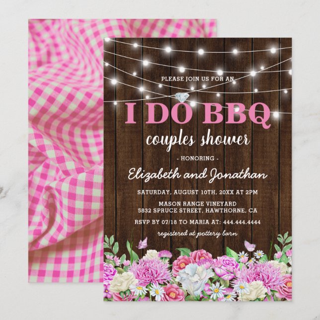 Invitation Je fais un BBQ Couple Baby Shower | Floral Rose Ru (Devant / Derrière)