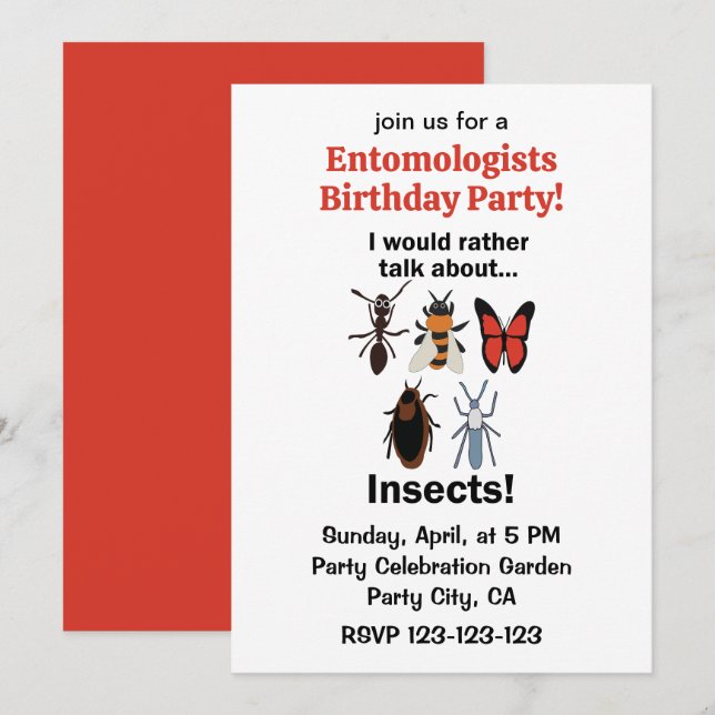 Invitation Je préférerais parler des insectes Drôle d'anniver (Devant / Derrière)