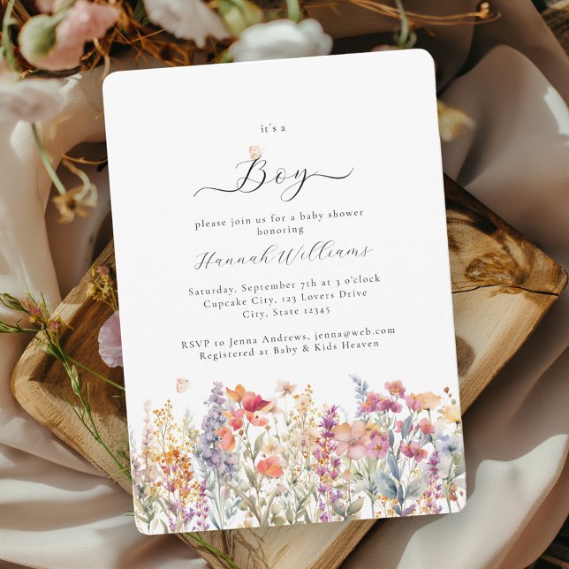 Invitation Je suis un garçon ! Moderne, Fleur sauvage, Baby s (Créateur téléchargé)