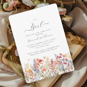 Invitation Je suis une fille ! Moderne, Fleur sauvage, Baby s