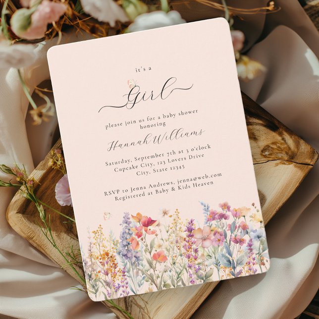 Invitation Je suis une fille ! Moderne, Fleur sauvage, Baby s (Créateur téléchargé)