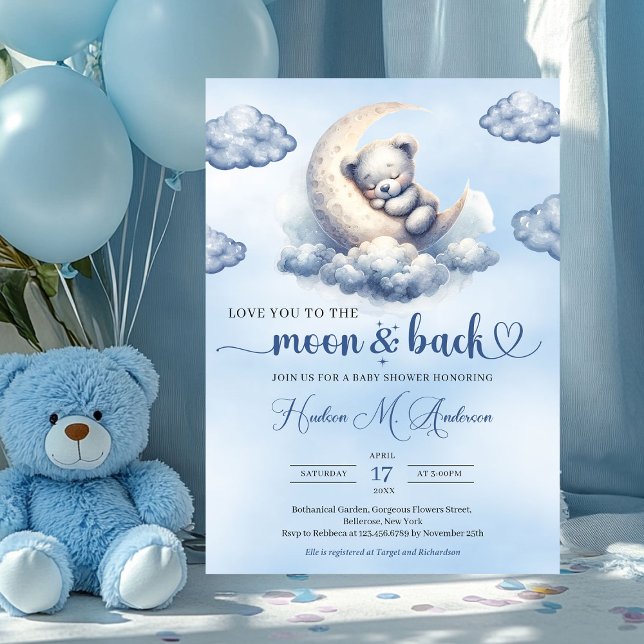 Invitation Je t'aime à la lune et l'ours en peluche (12 love you to the moon and back - boy baby shower invitation with teddy bear)