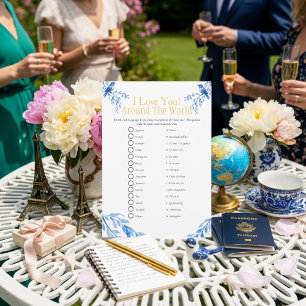 Invitation Je t'aime autour du monde jeu de baby shower bleu 