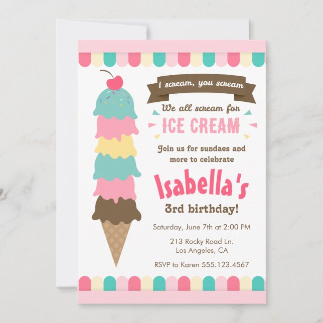 Invitation Je vous crie "Glace Cream Birthday Invitation" (Devant)
