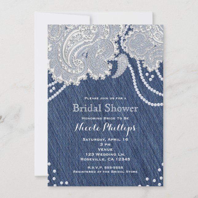 Invitation Jean en Denim Perles Blanches Fleurs de Paisley en (Devant)
