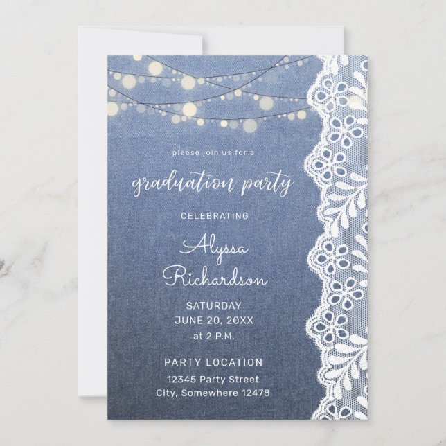 Invitation Jean Lace & String Lights Graduation Party (Devant)