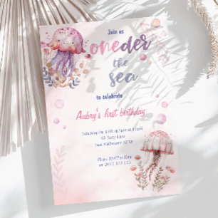 Invitation Jellyfish rose mignonne au-dessus de la mer 1er an