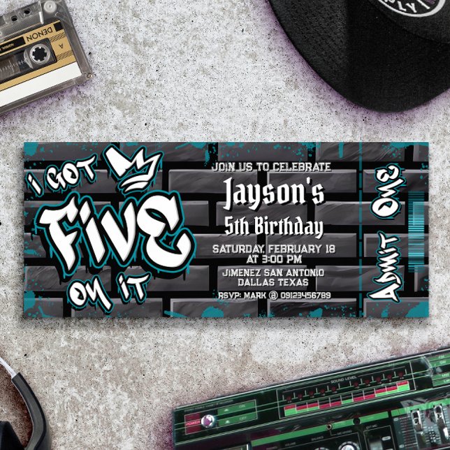 Invitation J'en ai cinq - 5e billet d'anniversaire (I Got Five on it - Boy 5th Birthday Ticket Invitation)