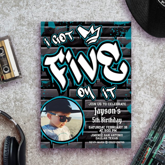 Invitation J'en ai cinq - Garçon 5e anniversaire avec photo (I Got Five on it - Boy 5th Birthday Invitation with Photo)