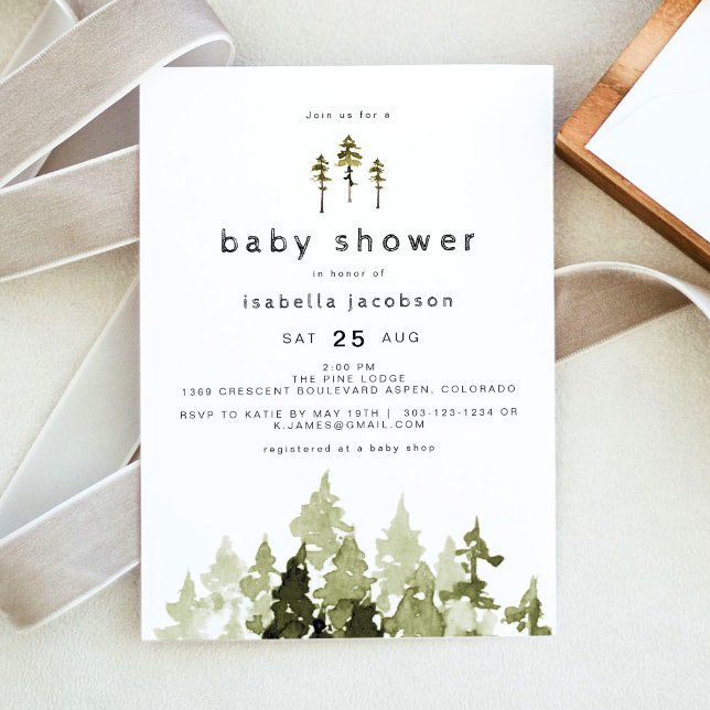 Invitation JENNA Rustic Watercolor Pine Tree Baby shower (Créateur téléchargé)