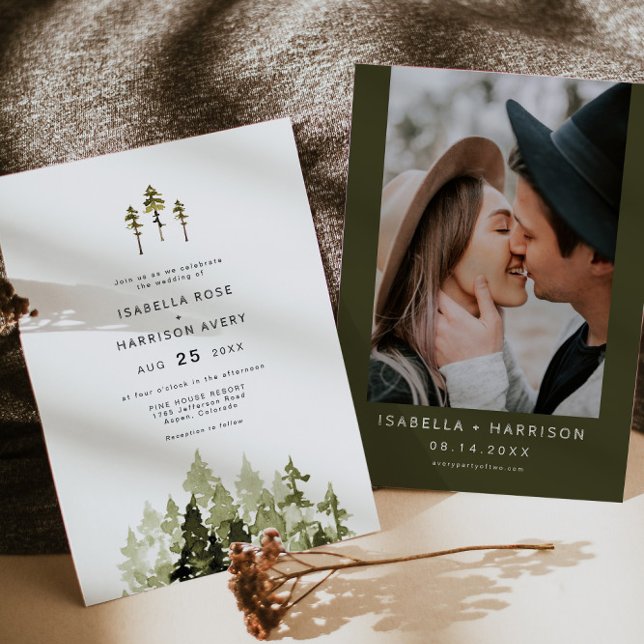 Invitation JENNA Rustic Watercolor Pine Tree Boho Wedding (Créateur téléchargé)