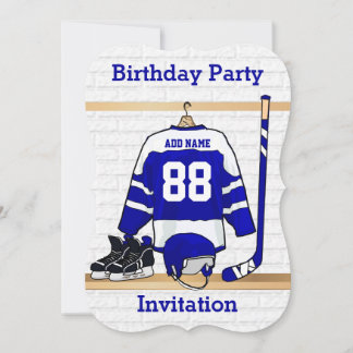 Invitation Jersey d'anniversaire de hockey sur glace bleu et