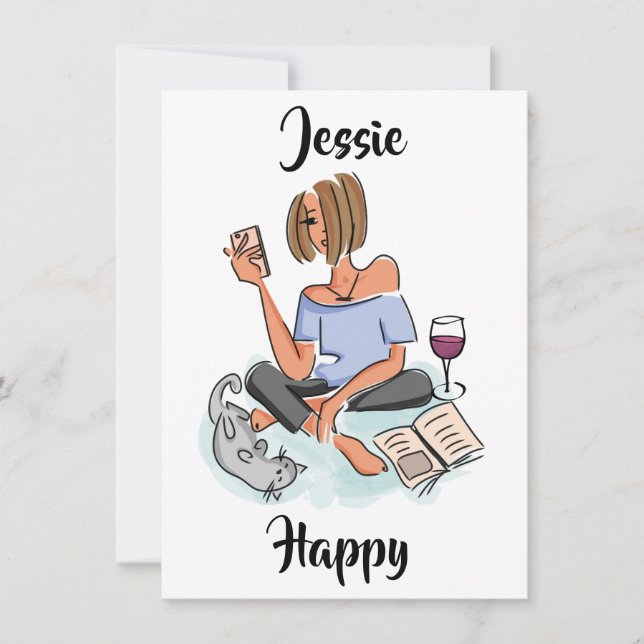Invitation Jessie Happy with Cell, Wine and Cat Card (Devant)
