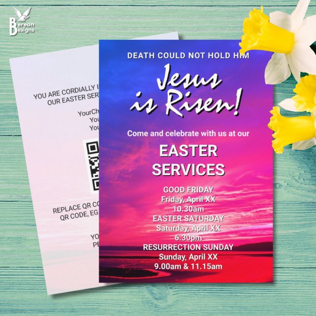 Invitation JÉSUS EST RESSUSCITÉ Célébrations de Pâques person (Vibrant JESUS IS RISEN invitation for Easter Church Services. All text is customizable. )