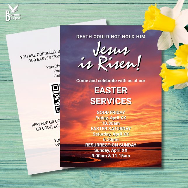 INVITATION JÉSUS EST RESSUSCITÉ SERVICES ÉGLISE PERSONNALISÉS (JESUS IS RISEN Easter invitation for church services. All text customizable. Ideal for Christians.)