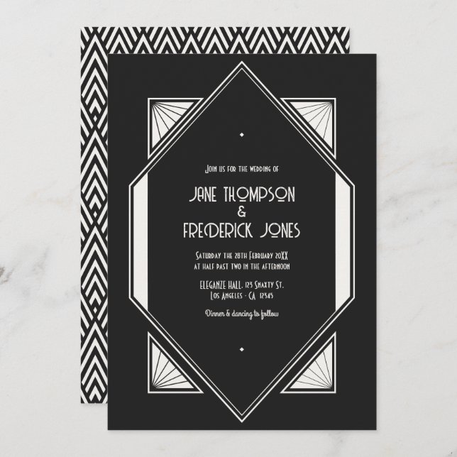 Invitation Jet Black & Ivory Linen Art Deco Wedding Photo (Devant / Derrière)