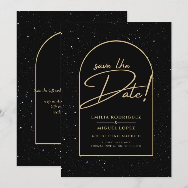 Invitation JET BLACK OR étoile Mariage de nuit SAVE DATE (Devant / Derrière)