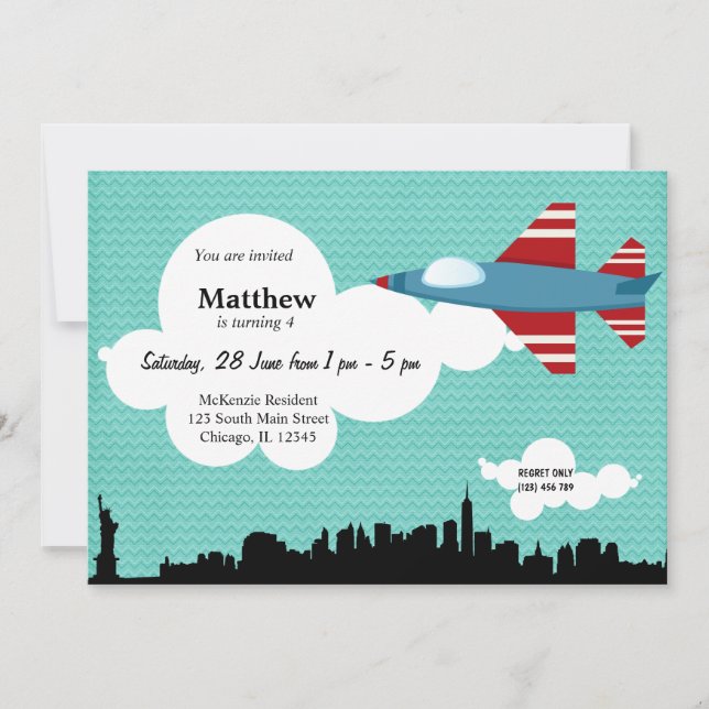 Invitation Jet Plane thème d'anniversaire (bleu) (Devant)