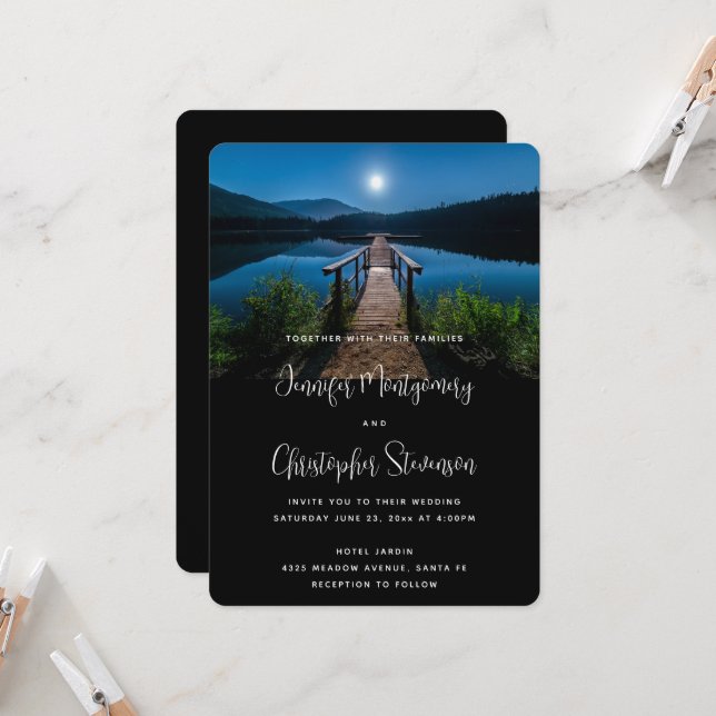 Invitation Jetée de nuit sous un Mariage de Pleine lune (Devant/Arrière en situation)