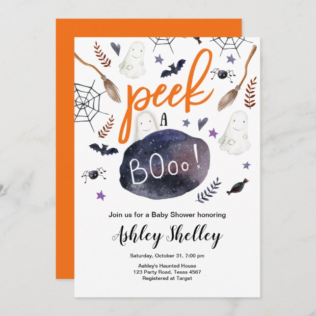 Invitation Jeter un oeil à Boo Halloween Baby shower neutre e (Devant / Derrière)