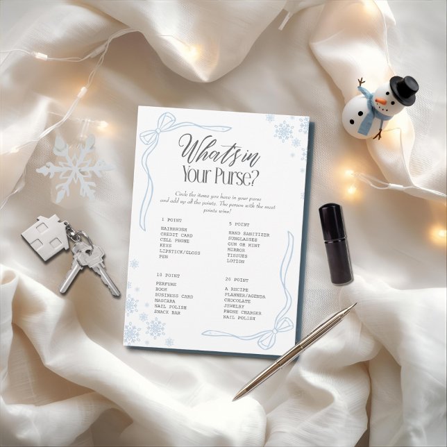 Invitation Jeu Arc d'Hiver Bleu Qu'est-ce qu'il y a dans votr (Winter Bow Blue What's In your Purse? Game)