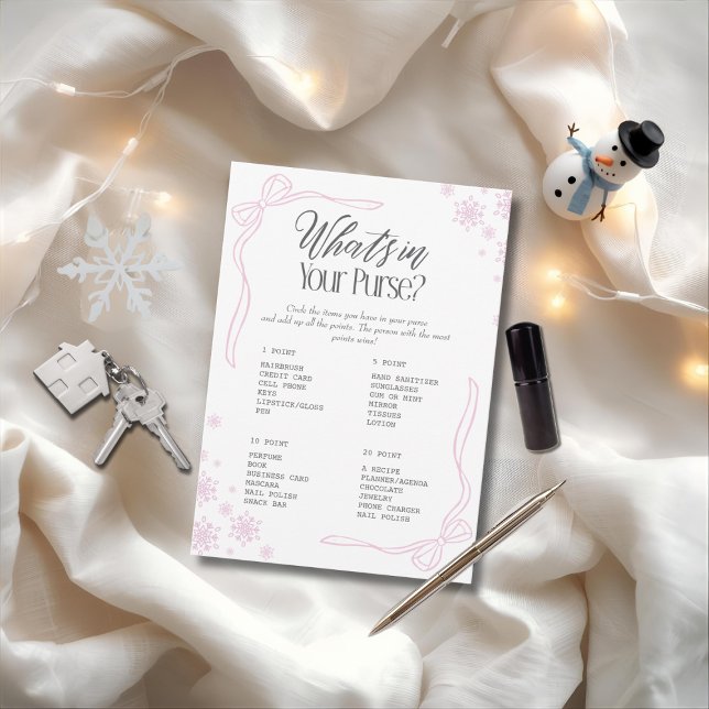Invitation Jeu Arc d'hiver rose Qu'est-ce qu'il y a dans votr (Winter Bow pink What's In your Purse? Game)