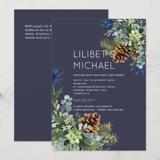 Invitation Jeu bleu d'hiver Eucalyptus Mariage Wonderland (Devant / Derrière)
