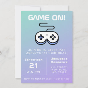 Invitation Jeu Bleu Violet Sur Gamer Anniversaire de enfant F