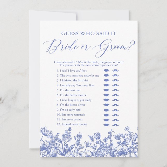 Invitation Jeu Blue Floral Guess Who Said It Mariée ou Marié (Devant)