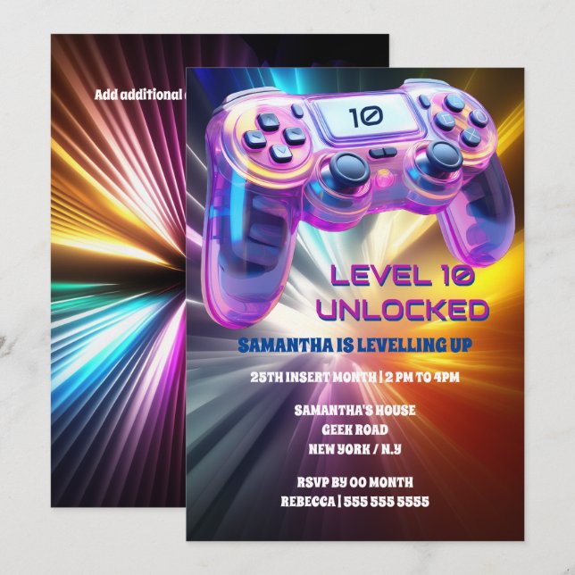 Invitation Jeu contrôleur vidéo néon starburst filles (Devant / Derrière)