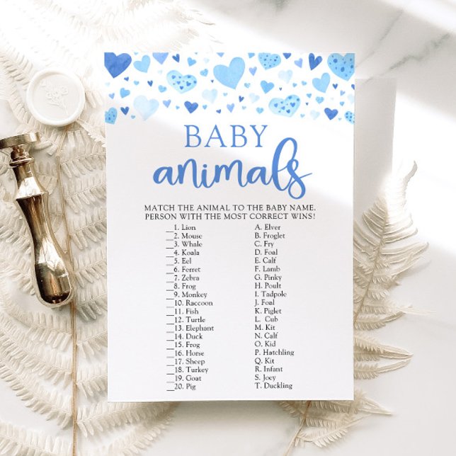 Invitation Jeu d'animaux bébé Baby Shower Blue Valentine (Watercolor Blue Hearts Valentine Sweetheart February Heartbreaker Boy Baby Animals Baby Shower Game)