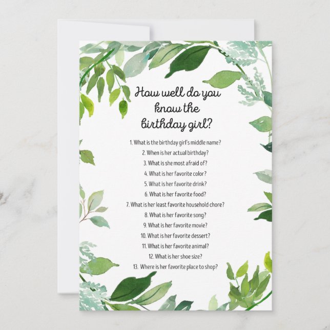 Invitation Jeu d'anniversaire botanique vert 5x7" Taille (Devant)