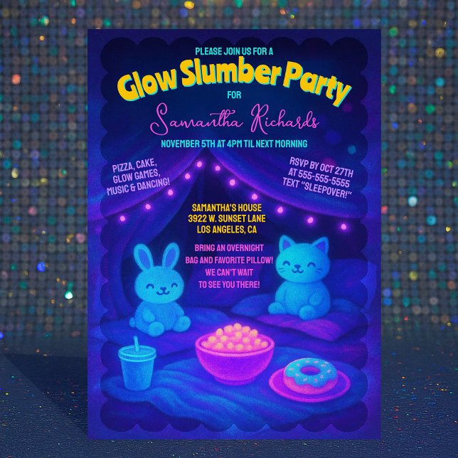 Invitation Jeu d'Anniversaire Cute Plush (Cute Plush Glow Neon Slumber Birthday Party Invitation)