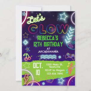 Invitation Jeu d'anniversaire GLOW Jeux Arcade Party Glow Neo