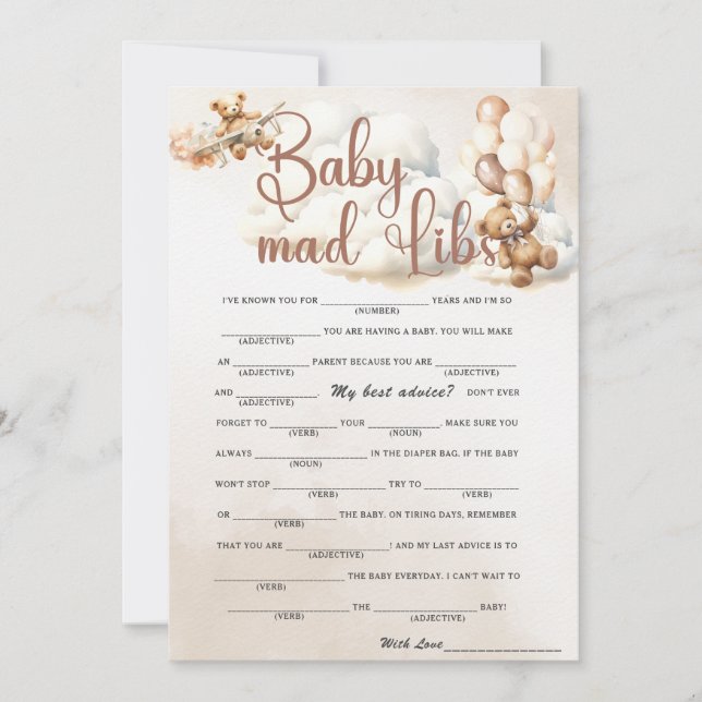 Invitation JEU DE BABY MAD LIBS pour la fête de bébé Ourson M (Devant)
