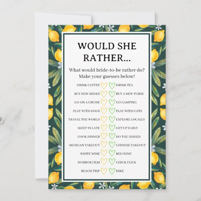 Invitation Jeu de Baby Shower 'Amalfi Lemon Would She Rather' (Devant)