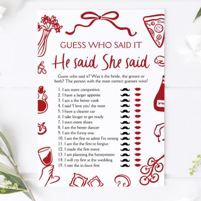 Invitation Jeu de Baby Shower " Amore Italien " Il a dit, Ell (Red Amore Italian Love Match Bridal Shower Game)