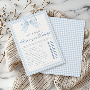 Invitation Jeu de baby shower avec noeud à carreaux bleu pour