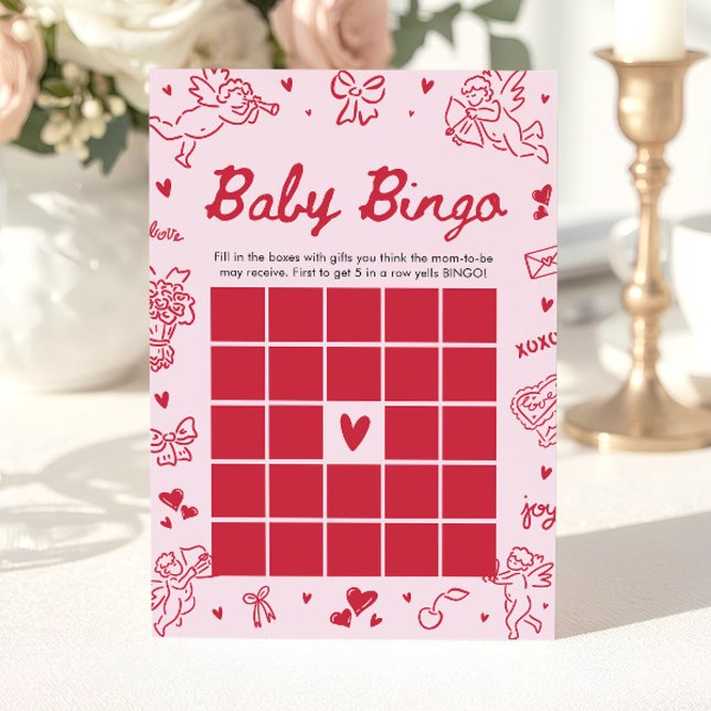 Invitation Jeu de baby shower Bébé Bingo Saint-Valentin dessi (Hand Drawn Valentine Baby Bingo Baby Shower Game)